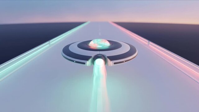 滑走路から上昇し飛び去る円盤型UFOの3Dアニメーション背面映像