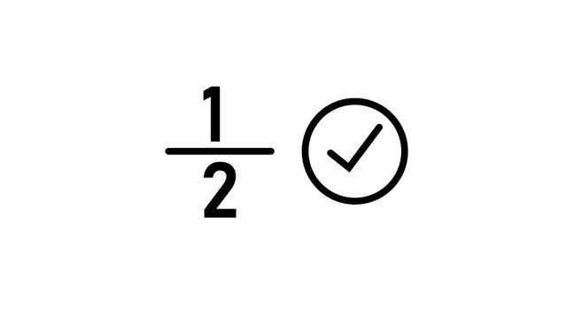 One half fraction with check mark in circle icon, ideal for educational content and mathematical concepts