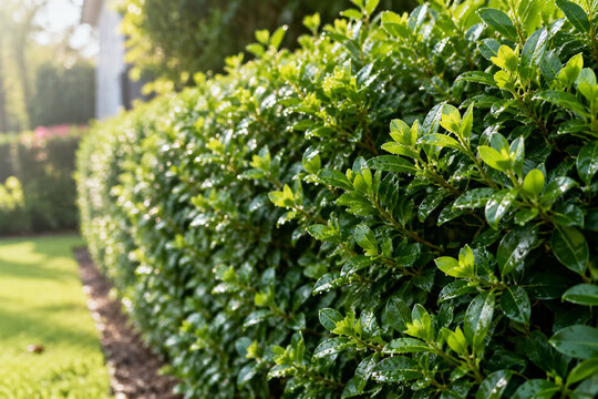 Dense glossy green privet hedge wet with dew in morning light, serene garden.