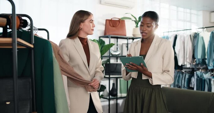 Fashion, client and women in clothing store with tablet, retail recommendation and sales discount. Tech, customer and happy person shopping in boutique at rack for style choice, help or merchandising