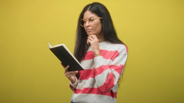 Woman reading a black hardcover book while holding chin with hand, wearing striped sweater and glasses in studio; quiet contemplation.