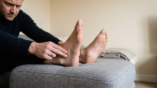 A man sits on a couch, holding and examining his painful foot, possibly experiencing discomfort or an injury in his heel or ankle area.