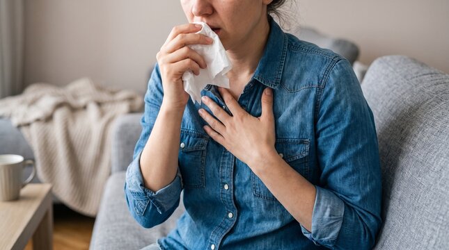 A woman in a denim shirt is coughing into a tissue while holding her chest, indicating illness or respiratory discomfort at home.