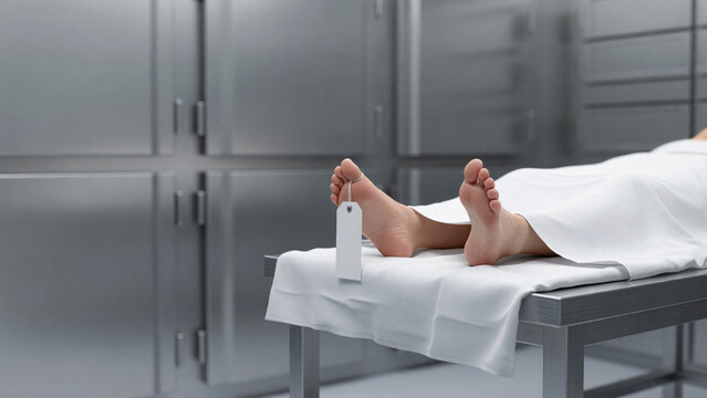Deceased person on morgue table with toe tag, death and forensic investigation
