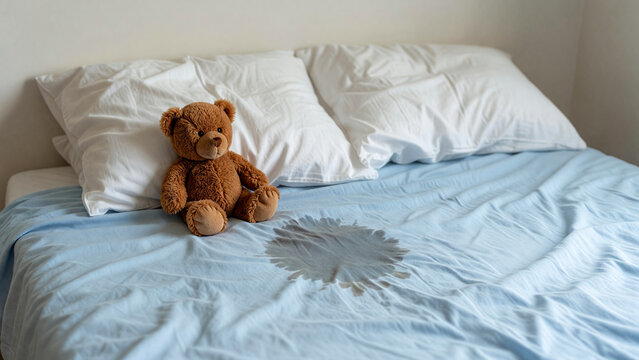 Teddy bear on bed with wet stain, bedwetting and childhood enuresis concept