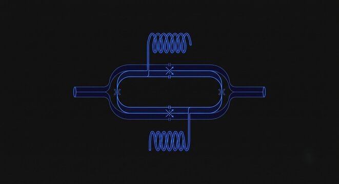 Navy blue line art SQUID quantum magnetometer loop on matte black background