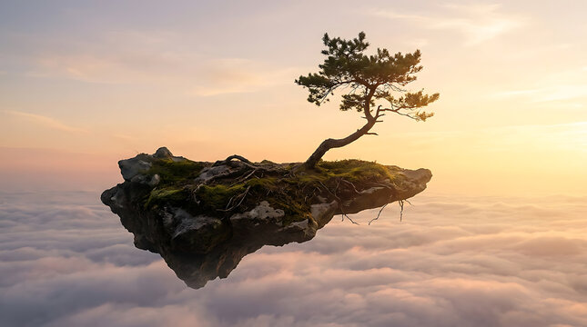 Floating rock island with pine tree drifting above clouds at sunrise