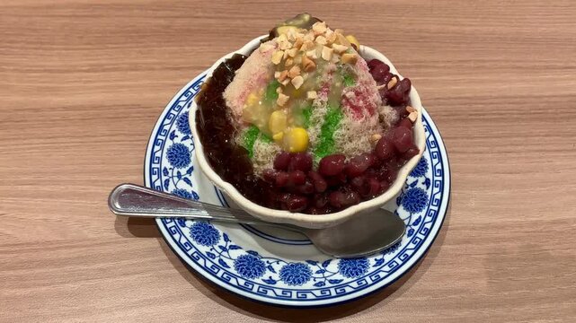 Video top view of Ais Kacang Es Campur shaved ice dessert with red bean, grass jelly, peanuts on wooden table.