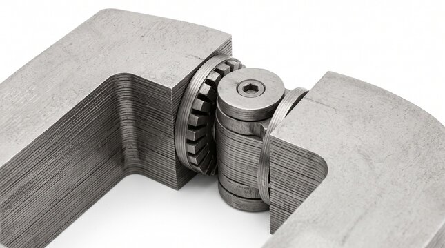 Magnetic particle inspection yoke articulating joint. Solid micro-machined laminated silicon steel core for industrial weld inspection and structural testing. Isolated on white background.