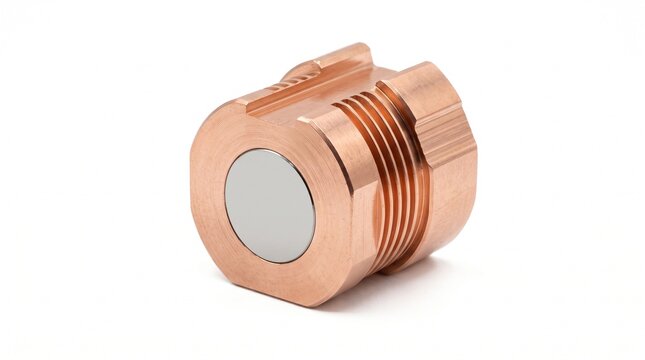 Industrial X-ray tube anode target focal spot. Solid copper block embedded with highly polished tungsten insert for radiographic non-destructive testing. Isolated on white background.