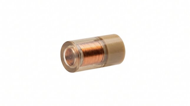 Eddy current inspection probe sensing tip. Micro-machined PEEK polymer cylinder with microscopic pure copper enameled wire coils for aerospace flaw detection. Isolated on white background.