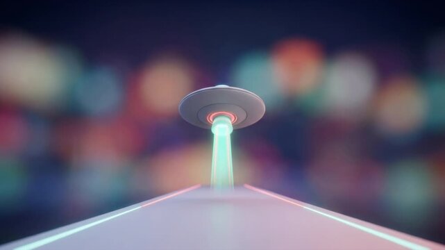 滑走路から上昇し飛び去る円盤型UFOの3Dアニメーション背面映像