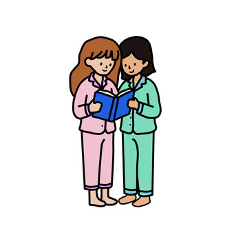 Two young women in pajamas standing together and reading a book vector illustration