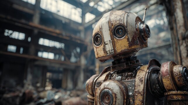A weathered, retro robot with large, expressive eyes stands amidst the ruins of a decayed industrial building, gazing thoughtfully