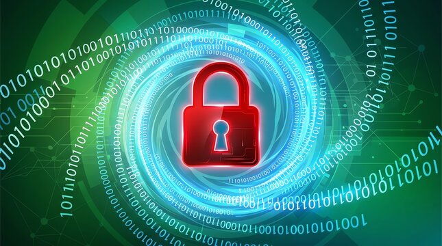 Digital security concept with padlock and binary code background