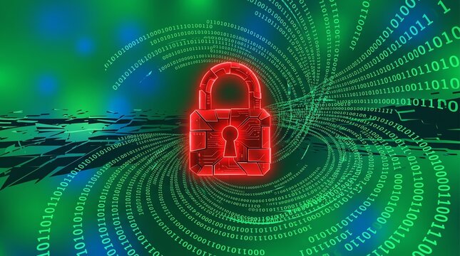 Digital cybersecurity concept with red lock and binary code
