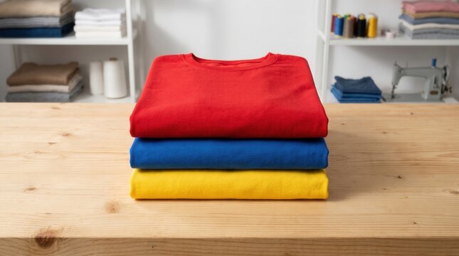Stack of colorful shirts on a wooden table in a tidy workspace