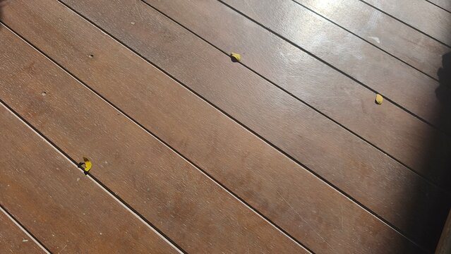 Brown wooden outdoor deck planks background texture with natural sunlight and parallel panel lines.