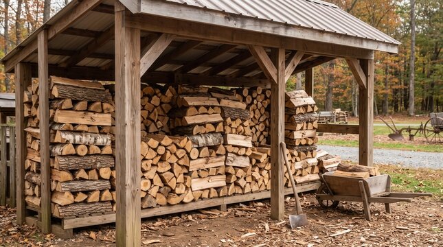 Wooden shed storing neatly stacked logs in a rural outdoor setting
