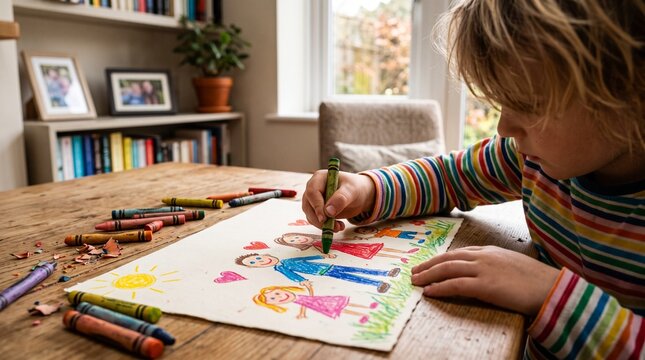 Child drawing a colorful scene with crayons on a wooden table
