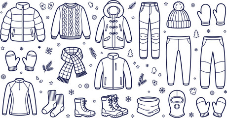 Winter Clothing and Cold Weather Apparel Line Art Icon Set Featuring Puffer Jackets Sweaters Parkas Mittens Boots Scarves and Beanies for Seasonal Graphic Designs © Md