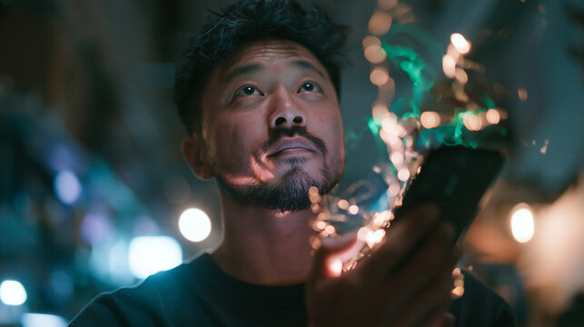 Thoughtful Asian Man Holding Smartphone with Glowing Lights