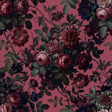 Dark Floral Seamless Pattern with Vintage Roses and Peonies