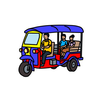 Traditional Asian three wheeler auto rickshaw taxi with driver and passengers vector illustration
