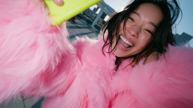 Excited Young Woman Taking Selfie Outdoors in Pink Faux Fur