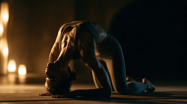 Woman holding a deep backbend pose on a yoga mat in a dimly lit studio, toned muscles catching warm