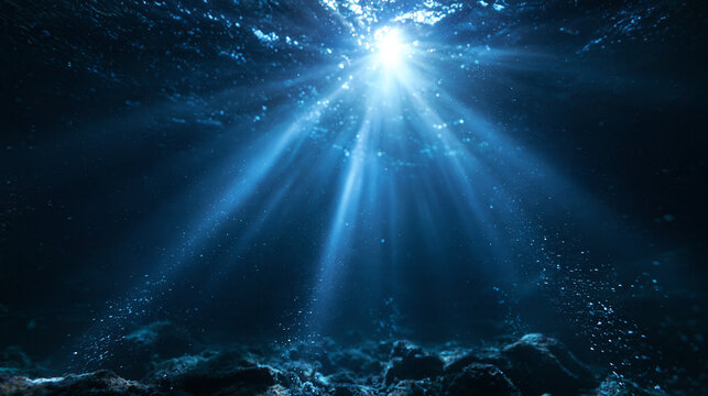 Underwater Sunbeams Piercing Through Deep Ocean Water