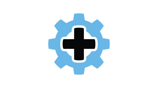 Blue gear icon with a black medical cross symbol featuring flat minimalist vector design style art