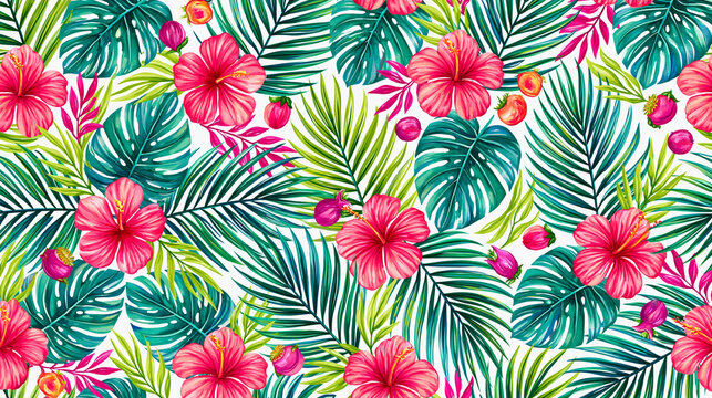 Seamless Tropical Pattern with Pink Hibiscus and Palm Leaves