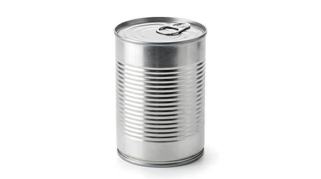 Blank Metallic Tin Can Mockup with Pull Ring Lid Isolated on White Background for Food Packaging Design