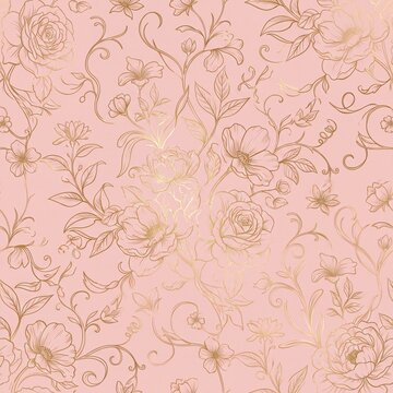 Vintage Gold Floral Seamless Pattern on Pink Background