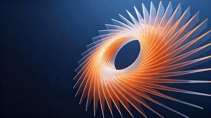 Fototapeta premium Abstract 3D transparent spiral tunnel with glowing orange light on dark blue background, modern geometric abstract art for creative design concept