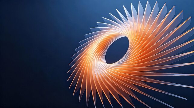 Abstract 3D transparent spiral tunnel with glowing orange light on dark blue background, modern geometric abstract art for creative design concept