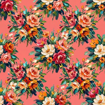Seamless Floral Pattern with Oil Painted Rose Bouquets