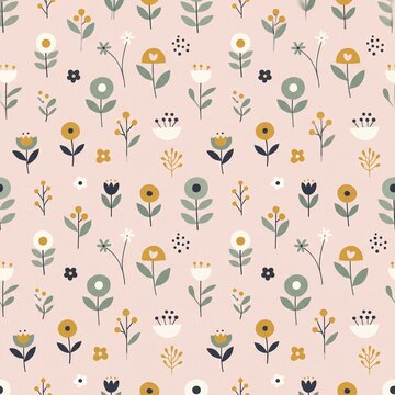 Seamless Floral Pattern with Scandinavian Flowers on Pink