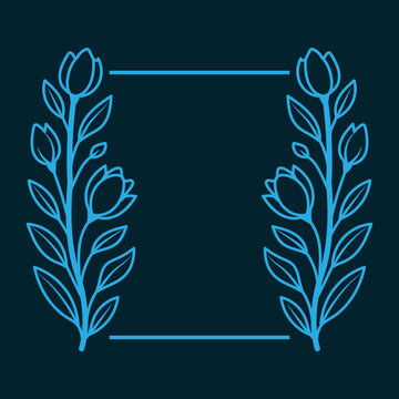 Blue floral frame with tulip branches isolated on a dark background