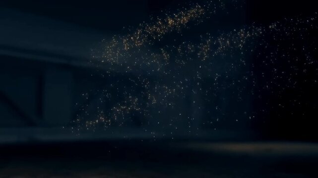 Glowing human silhouette emits golden particles in dark space. Particles drift outward as if dissolving into nothingness. Figure appears calm, detached from surroundings. Ideal for futuristic, digital