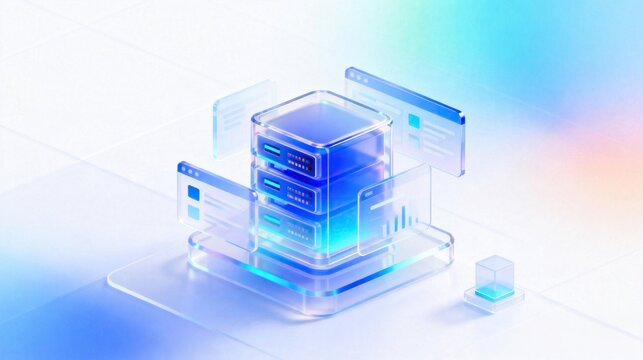 Glowing transparent blue 3D stacked server with floating data interface windows on soft gradient background, cloud computing and big data storage modern technology concept
