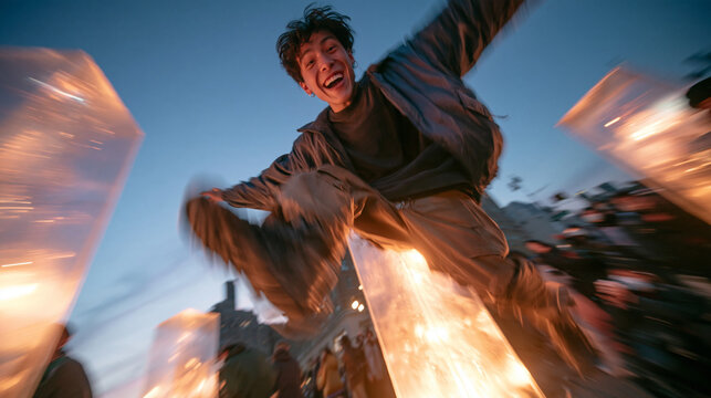 Excited Young Man Jumping with Joy Outdoors at Dusk