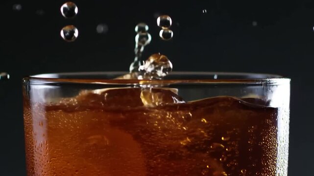 Ice cube drops into soda with splashes and bubbles. Coca cola fizzes as ice falls into glass. Cold drink refreshment captured in slow motion