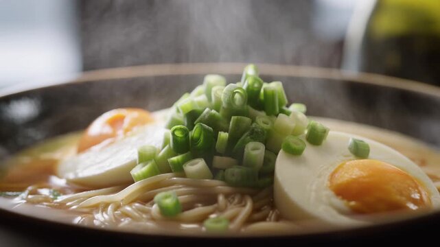 Steam rises gently from a steaming bowl. Noodles float beneath a soft broth. Hard-boiled eggs sit beside chopped green onions. The bowl glows warmly in dim light. This scene captures comfort