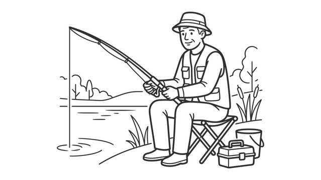 Man Fishing by the Lake: A man dressed in a hat and fishing vest sits patiently on a stool by the calm lake, holding his fishing rod. A tackle box and bucket rest nearby.