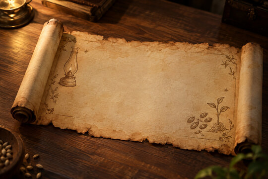 An aged parchment scroll on a wooden table with symbolic illustrations in the margins.