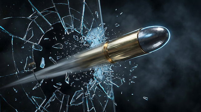 Bullet shattering glass pane with flying shards on dark background