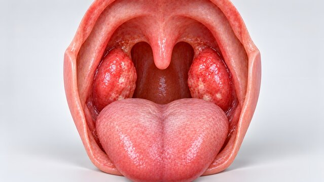 AI generated medical illustration of tonsillitis showing swollen and inflamed tonsils in an open human throat