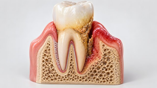 AI generated anatomical 3D cross section of dental gum disease periodontitis with plaque tartar and bone loss